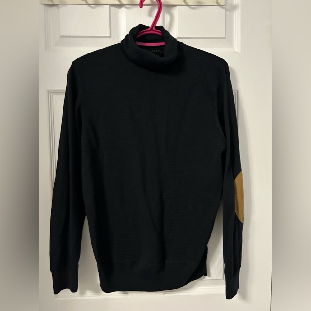 Zara Men's Black Turtleneck Sweater with Brown Elbow Patches